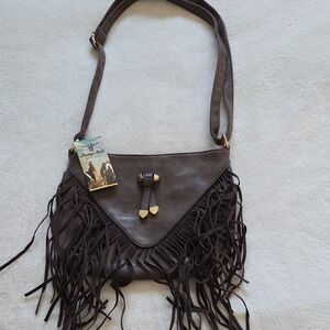 Heritage West Western Fringe Shoulder Bag Brown Gold Tone Hardware Zip Closure